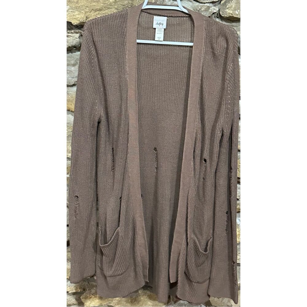 Women’s Tan Daytrip Long Sleeved Open Front Distressed Cardigan Sweater Size med